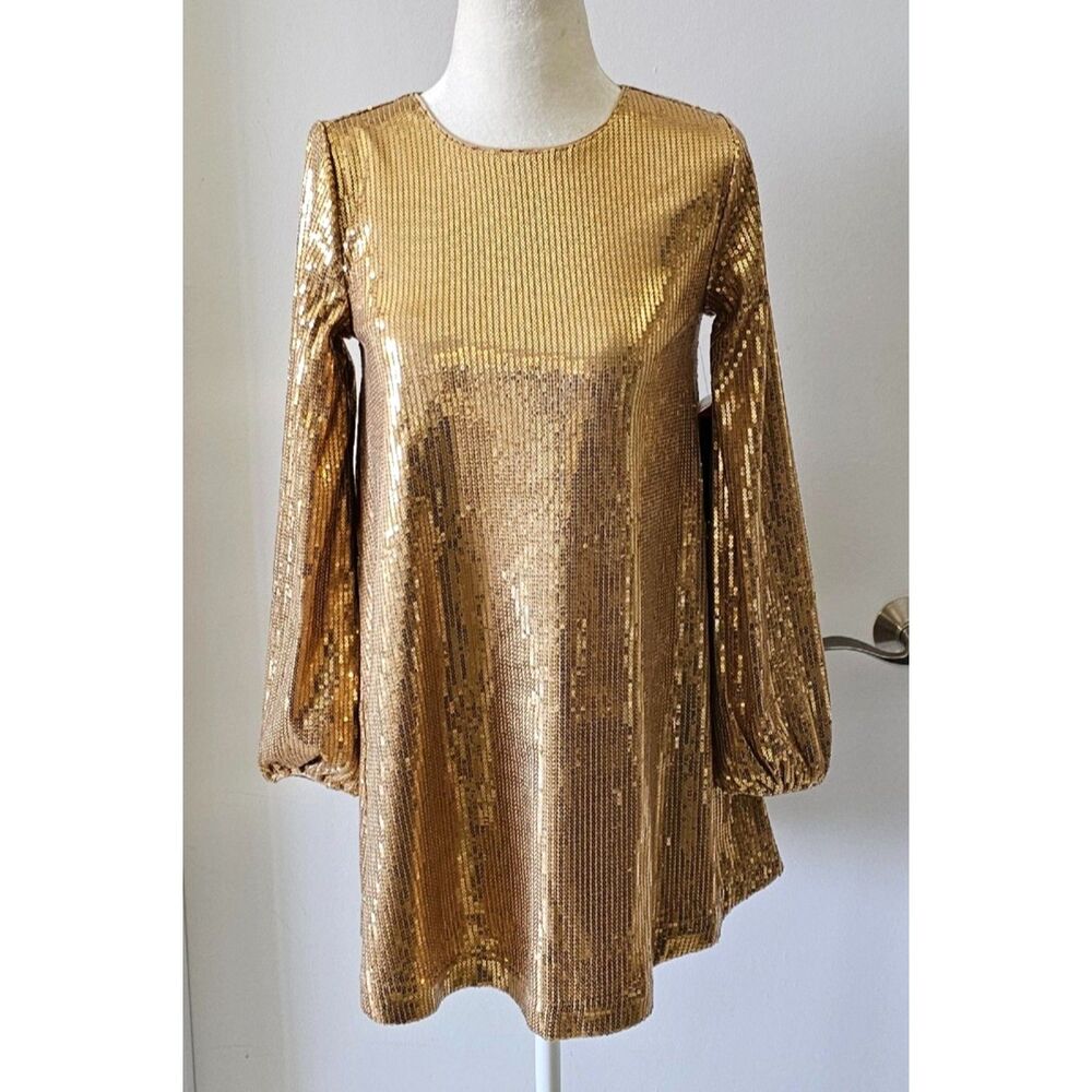 INC Women Gold Sequin Top Blouse Size M (10-12) Long Sleeve Fully Lined